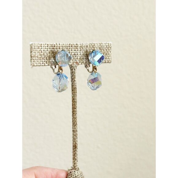 Ice Blue Bead Dangle Clip On Earrings Faceted Crystal Vogue Jewelry - Picture 3 of 5